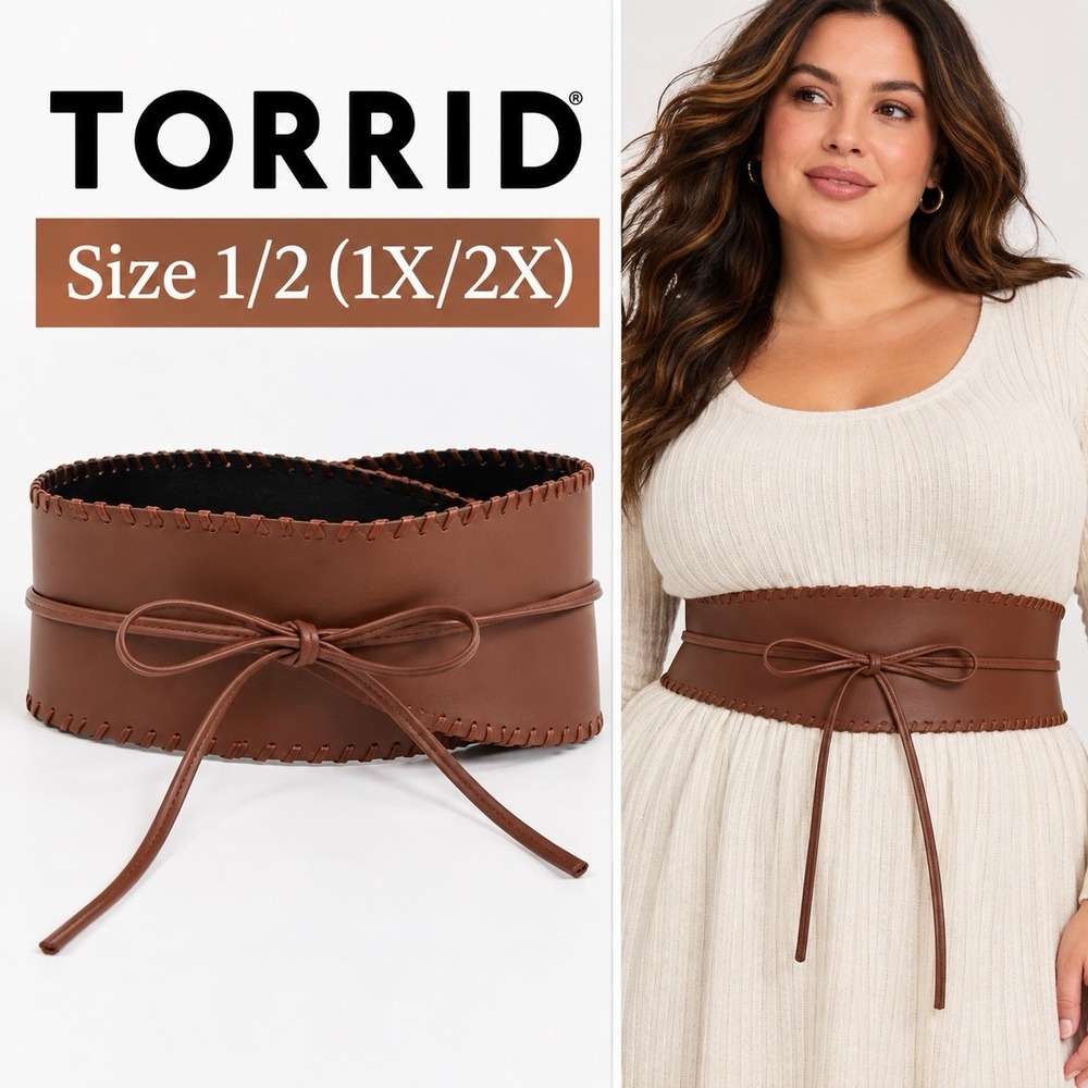 Torrid Cognac Faux Leather Ribbon Waist Belt Size 1/2 1X 2X Brown Tie Plus